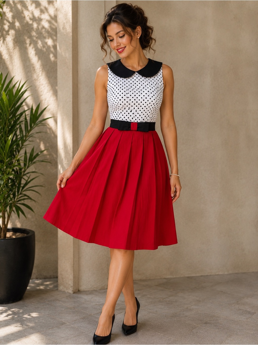 Red Pleated Midi Skirt with Black Waistband - Classic Women's Skirt